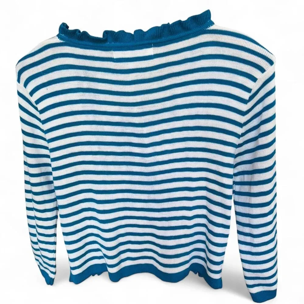 Vintage Kokomo Ltd. Blue & White Striped Ruffled Cardigan size L/XL